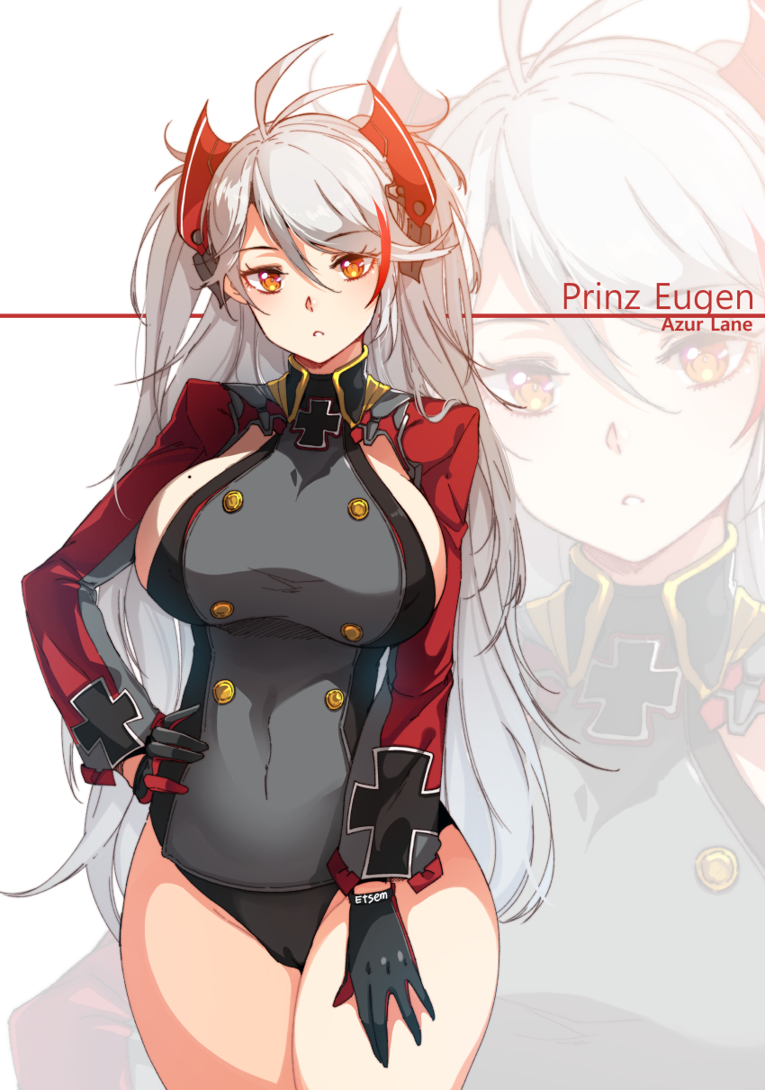 1girl, :o, antenna_hair, azur_lane, bangs, black_gloves, black_leotard, breasts