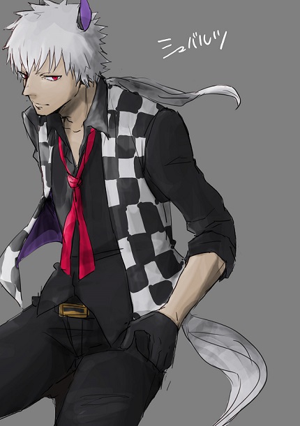 1boy, animal_ears, doubutsu_no_mori, gloves, grey_background, grey_hair, horse_ears, horse_tail, long_hair, low_ponytail, male_focus, necktie, personification, red_eyes, ronisuke, schwartz_(doubutsu_no_mori), simple_background, tail