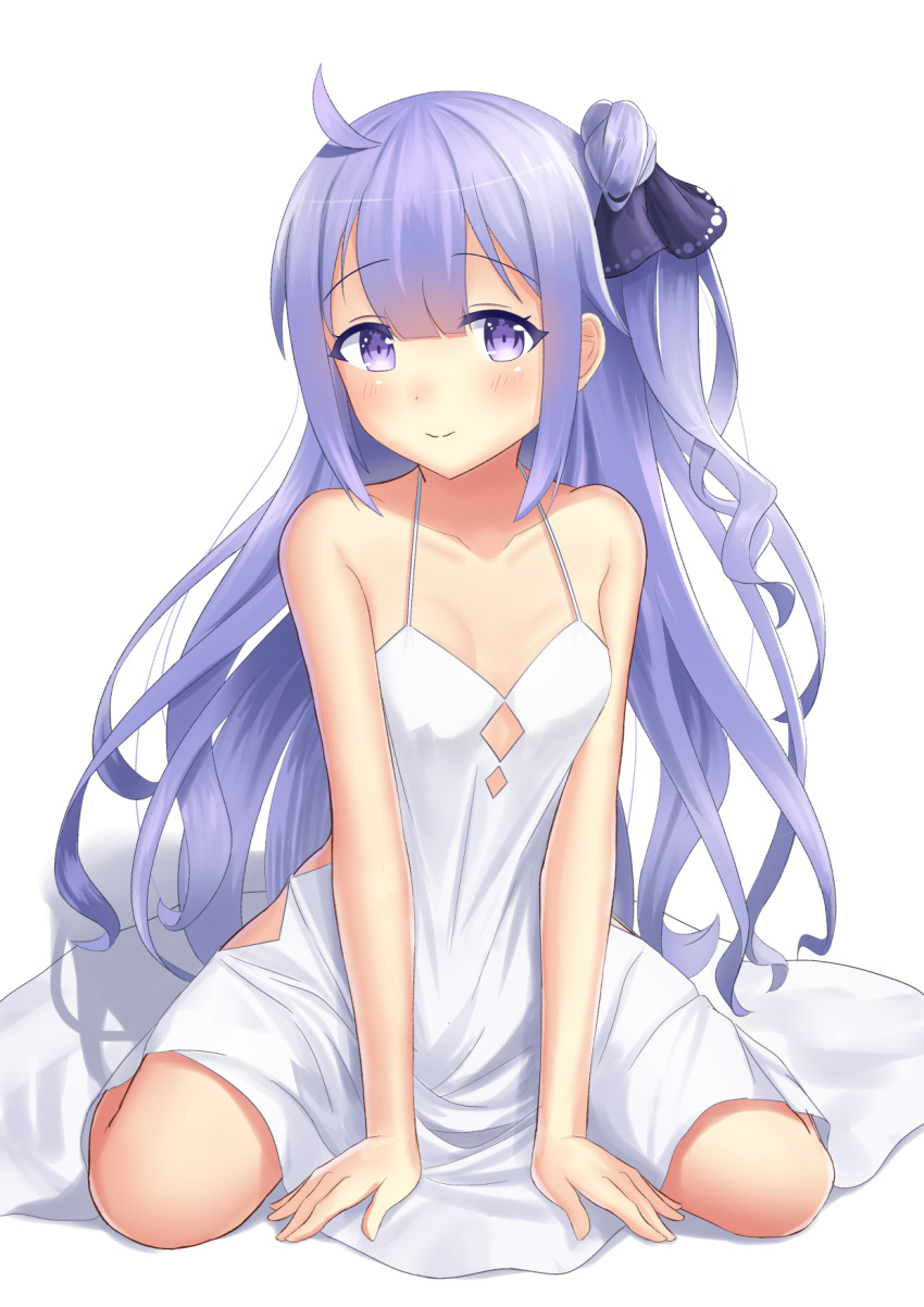 1girl, ahoge, argyle_cutout, arm_support, azur_lane, bangs, blue_ribbon, blush