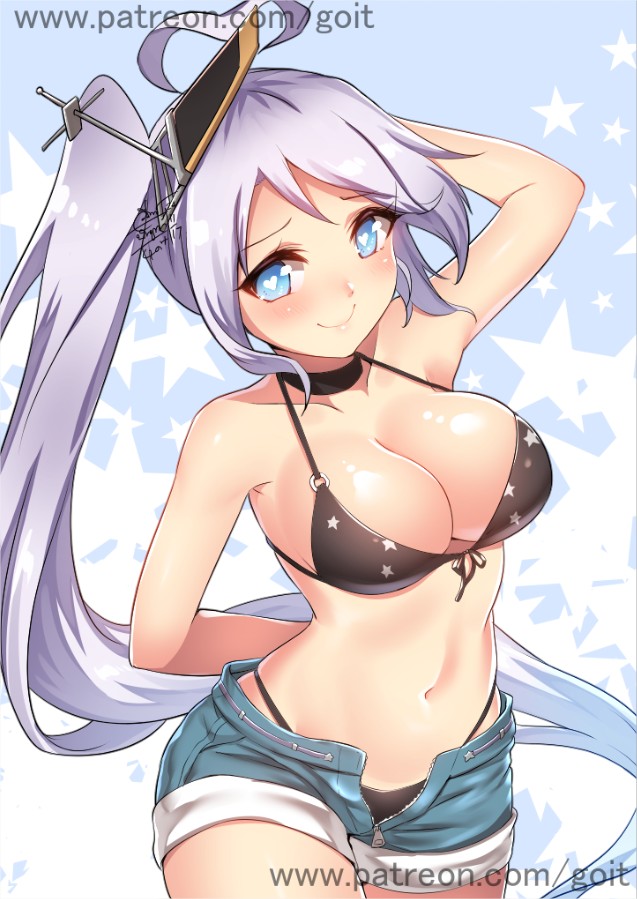 1girl, ahoge, arm_behind_back, armpits, artist_name, azur_lane, bare_arms, bare_shoulders