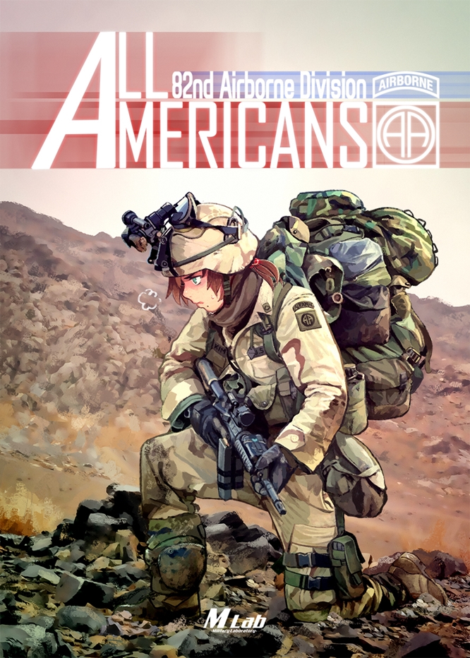 1girl, assault_rifle, backpack, bag, boots, brown_hair, camouflage, canteen, combat_boots, cover, cover_page, dirty, doujin_cover, drop-leg, gloves, goggles, green_eyes, gun, helmet, holding, holding_weapon, knee_pads, kneeling, m4_carbine, mountain, night_vision_device, real_life, rifle, scope, short_hair, soldier, solo, thomas_hewitt, tri-color_desert, us_army, weapon