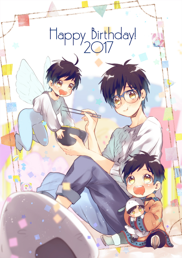 2017, 3boys, :t, animal_hat, black_hair, blue-framed_eyewear, bowl, brown_eyes