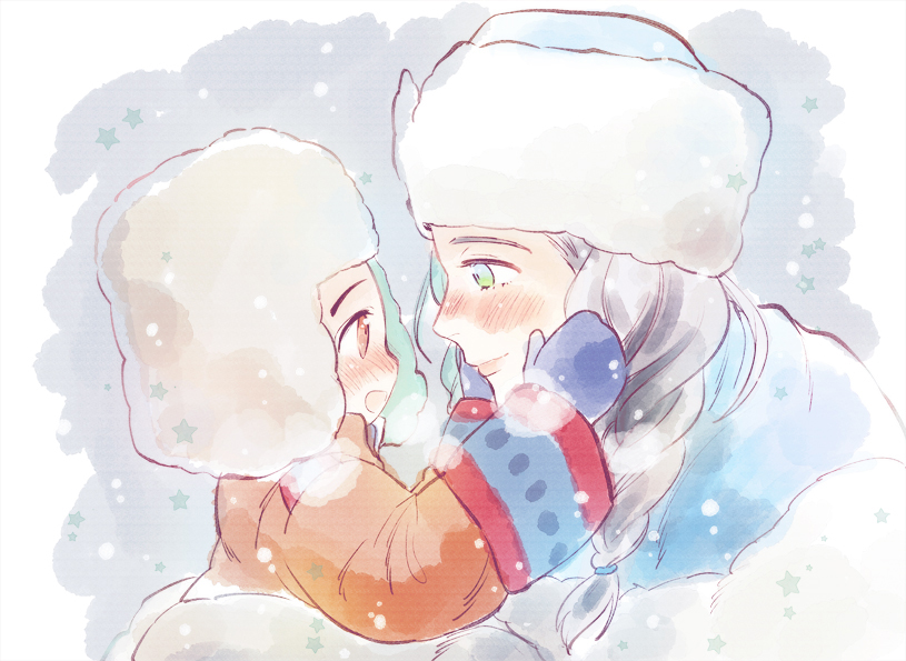 2boys, black_hair, blue_eyes, blush, braid, brown_eyes, child, eye_contact