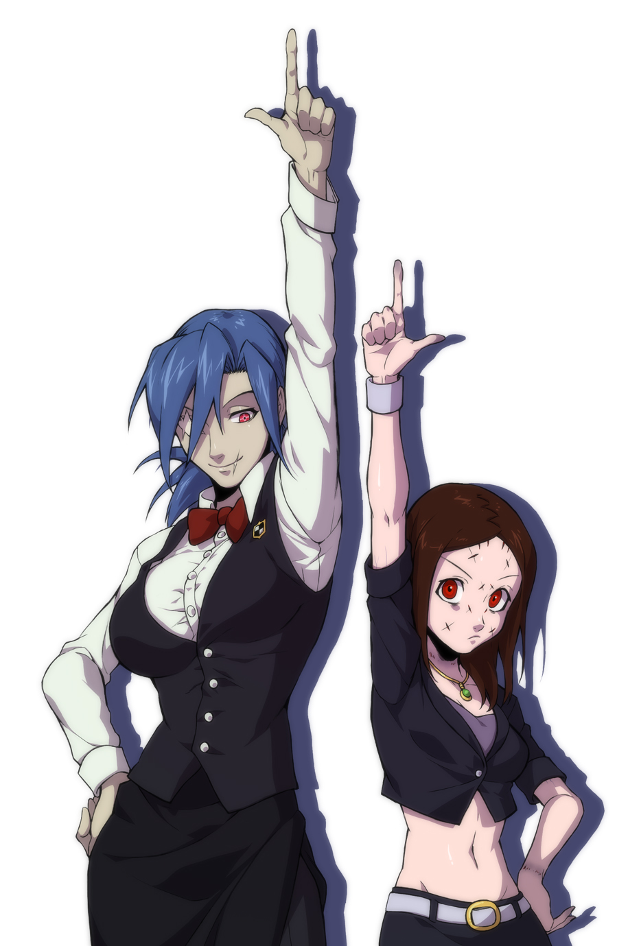 2girls, blue_hair, bow, bowtie, breasts, brown_hair, carol_(skullgirls), crop_top