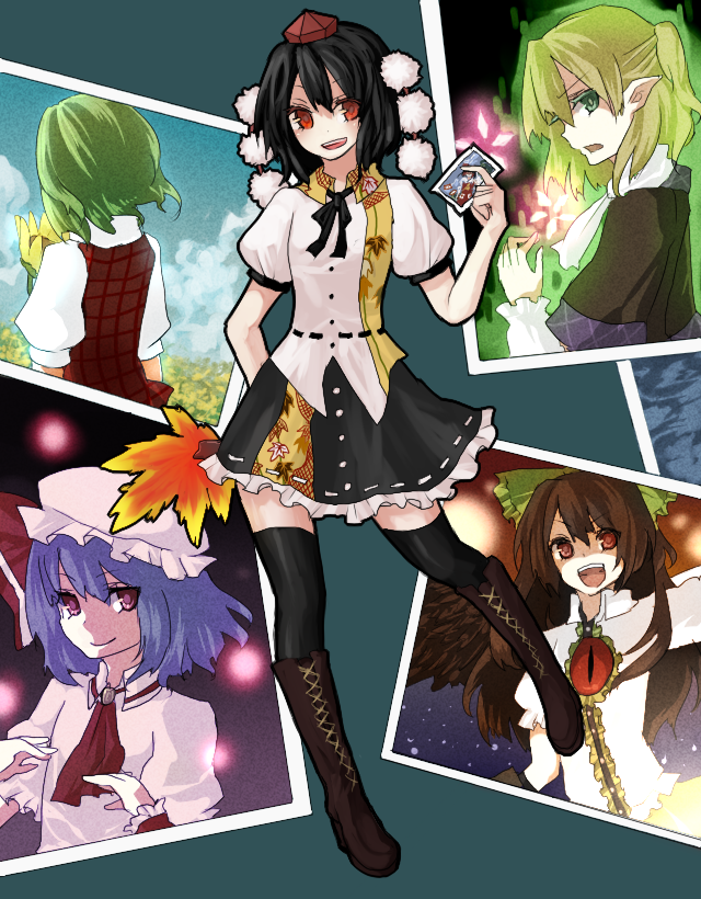black_legwear, black_thighhighs, black_wings, blonde_hair, blue_hair, boots, flower, green_eyes
