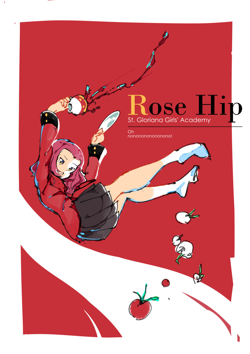 1girl, absurdres, bangs, black_skirt, brown_eyes, character_name, commentary, cup
