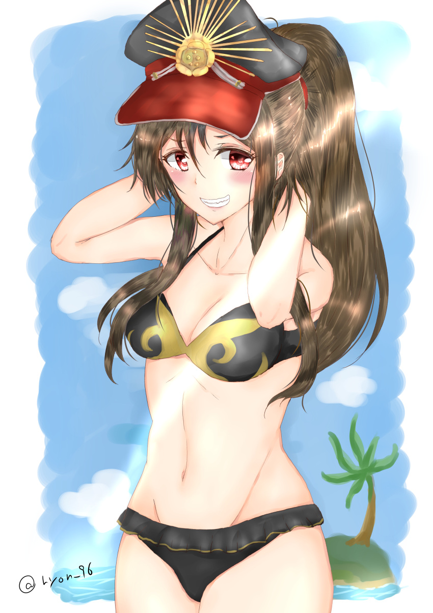 1girl, :d, absurdres, bikini, blush, breasts, brown_hair, character_request