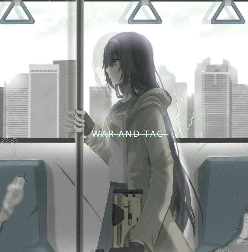1girl, black_hair, blouse, bullet_hole, cityscape, closed_mouth, cracked_glass, expressionless