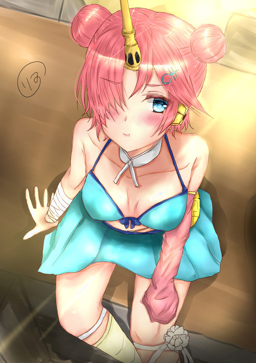 :t, absurdres, bandage, berserker_of_black, bikini, blue_eyes, blush, board_game