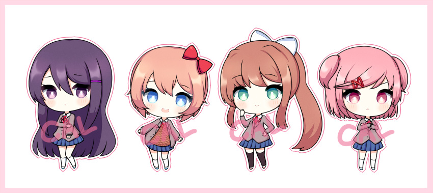 4girls, :t, artist_name, bangs, black_legwear, blazer, blue_eyes, blue_skirt
