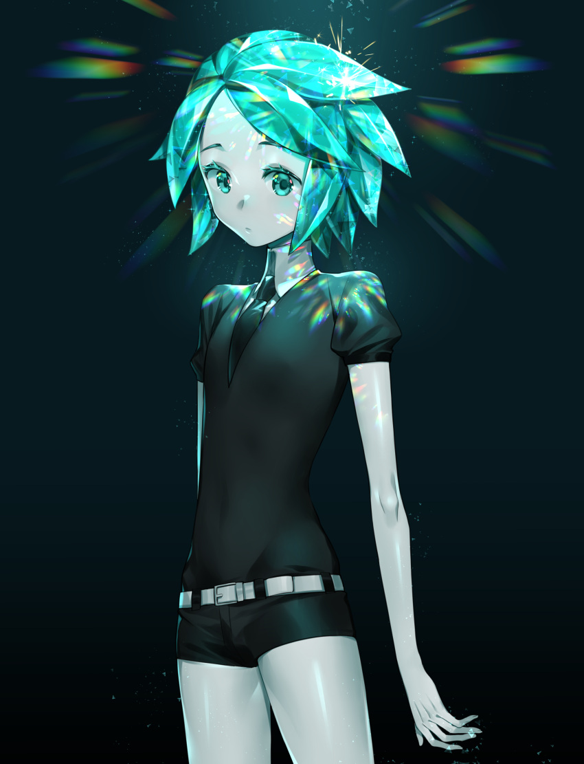 absurdres, androgynous, black_neckwear, black_shorts, cao_hong_anh, gradient, gradient_background, green_eyes