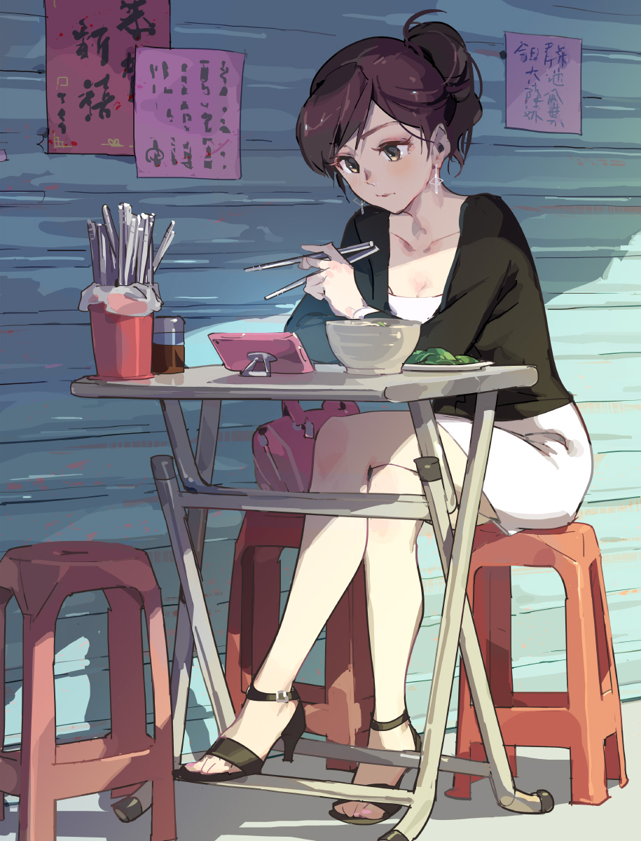 1girl, bag, bangs, bare_legs, black_footwear, black_shirt, blush, bowl