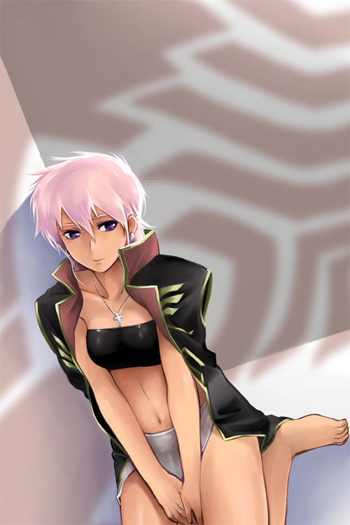 bandeau, barefoot, cross, earrings, gundam, gundam_zz, illia_pazom, jacket