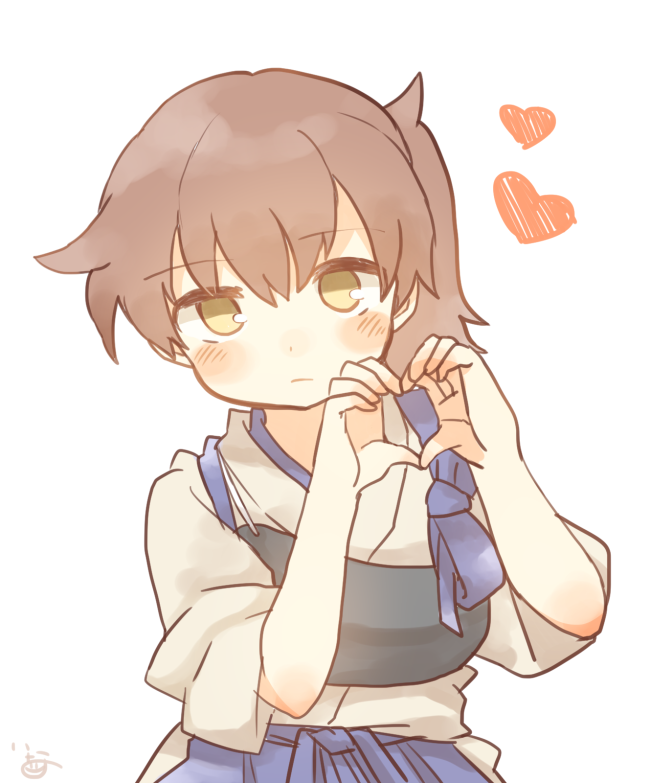 1girl, artist_name, blue_hakama, blush, brown_eyes, brown_hair, closed_mouth, eyebrows_visible_through_hair