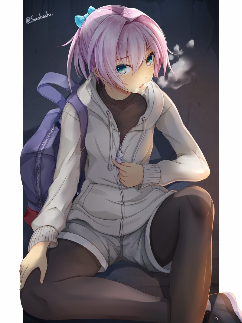 1girl, :o, bag, bangs, black_footwear, black_legwear, blue_bow, blue_eyes