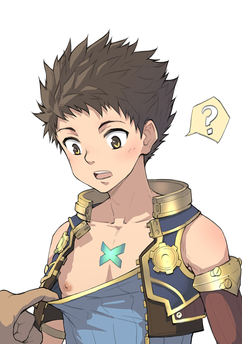 1boy, ?, brown_hair, highres, male_focus, nipples, rex_(xenoblade_2), shirt_pull, shota, simple_background, solo_focus, spoken_question_mark, upper_body, white_background, xenoblade, xenoblade_2, yellow_eyes