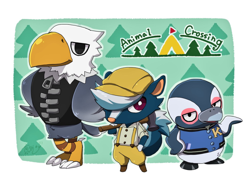 3boys, animal, apollo_(doubutsu_no_mori), bird, boruto_(doubutsu_no_mori), cabbie_hat, copyright_name, doubutsu_no_mori