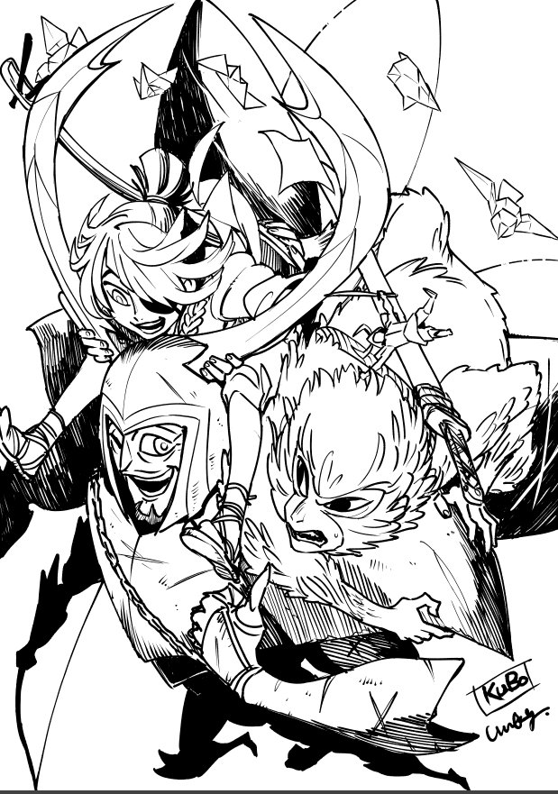1girl, 2boys, artist_name, beard, beetle_(kubo_and_the_two_strings), carrying, copyright_name, eyepatch