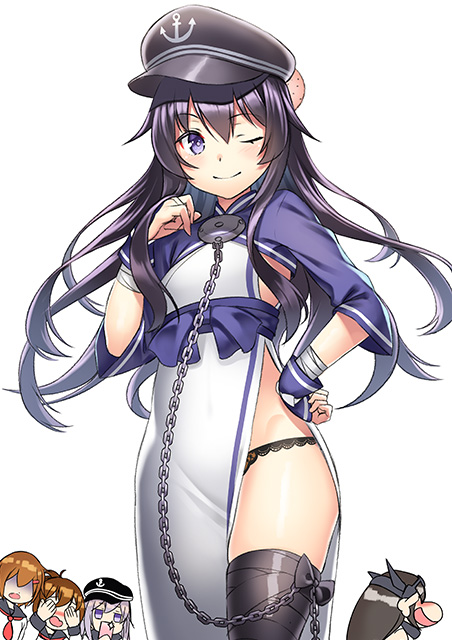 5girls, ainu_clothes, akatsuki_(kantai_collection), black_hat, black_sailor_collar, blue_eyes, blush, brown_hair