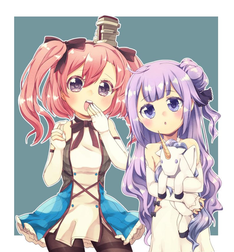 2girls, :d, :o, ahoge, azur_lane, bangs, bare_shoulders, black_bow
