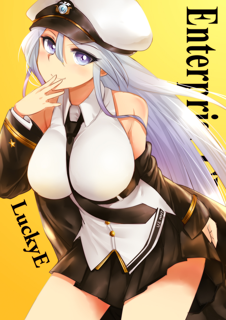 1girl, azur_lane, blush, breasts, enterprise_(azur_lane), hat, large_breasts, long_hair, looking_at_viewer, makumaxu, miniskirt, necktie, peaked_cap, pleated_skirt, shirt, silver_hair, skirt, sleeveless, smile, solo, very_long_hair, violet_eyes