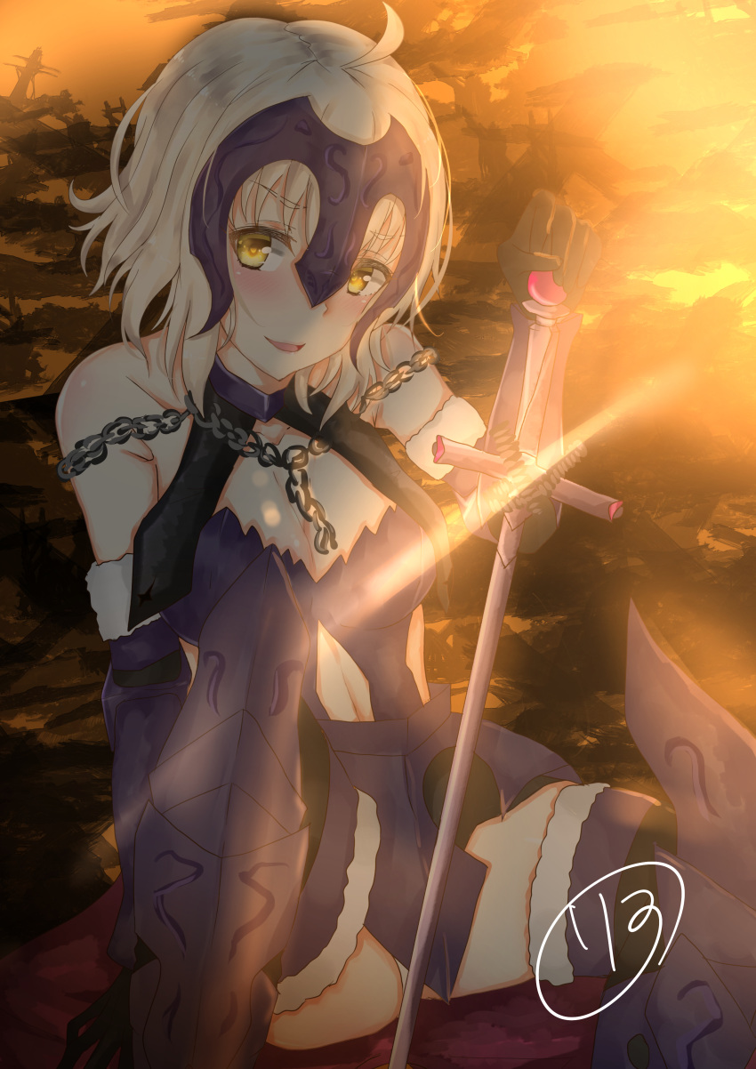 1girl, absurdres, ahoge, blonde_hair, blush, breasts, chains, elbow_gloves