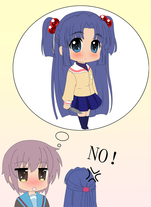 alternate_hairstyle, asakura_ryouko, blue_eyes, blue_hair, blush, cardigan, chibi, clannad, cosplay, hair_bobbles, hair_ornament, ichinose_kotomi, ichinose_kotomi_(cosplay), imagining, knife, long_hair, nagato_yuki, parody, prinz_luzifer, school_uniform, short_hair, silver_hair, suzumiya_haruhi-chan_no_yuuutsu, suzumiya_haruhi_no_yuuutsu, twintails, two_side_up