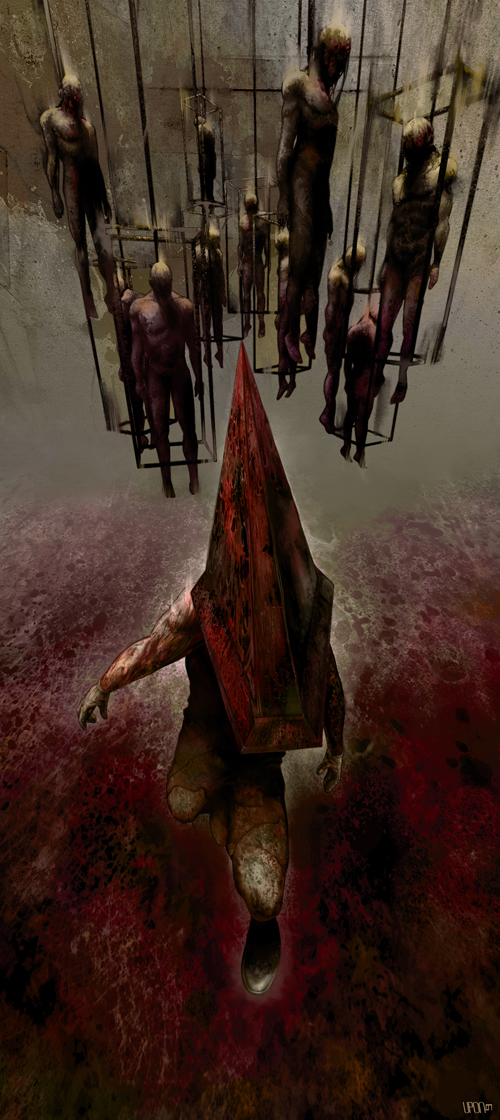 1boy, apron, blood, gloves, hat, helmet, male_focus, mask, monster, muscle, pyramid_head, silent_hill, silent_hill_2, solo, upon_thou_fair_cat