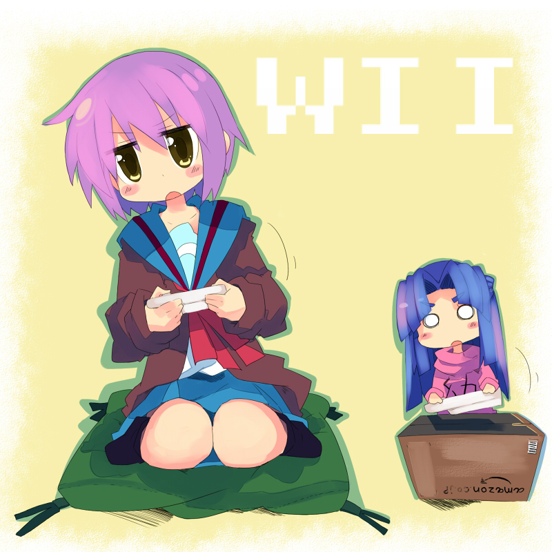 amazon_(company), amazon_(copyright), asakura_ryouko, blue_eyes, blue_hair, box, chibi, girls_playing_games