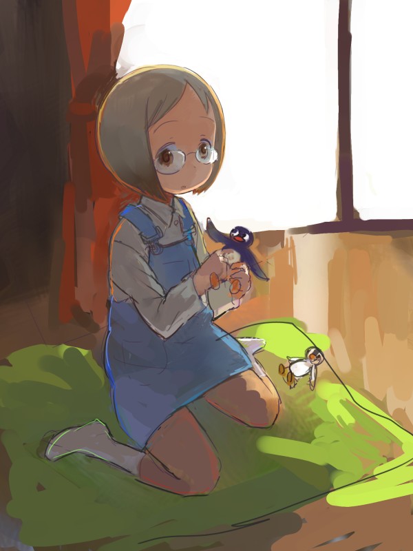 bad_id, brown_eyes, brown_hair, child, glasses, ichigo_mashimaro, kneeling, penguin, pinga_(pingu), pingu, sakuragi_matsuri, short_hair, socks, stuffed_animal, stuffed_toy