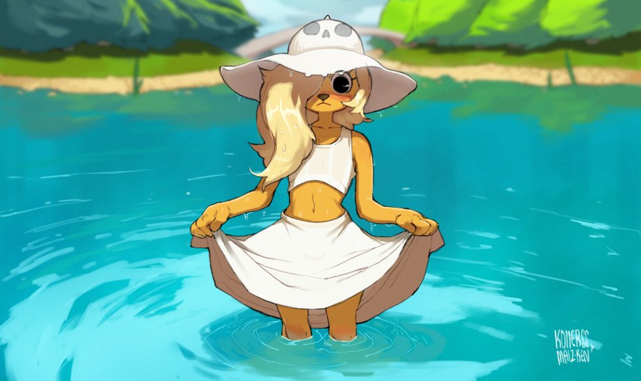 adventure_time, animal_nose, black_eyes, blonde_hair, bronwyn, hat, kollerss, personification, skirt, tank_top, water, wet, wet_clothes