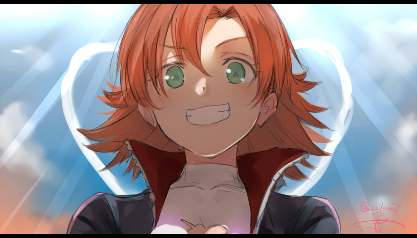 1girl, artist_name, blush, brown_hair, green_eyes, grin, isshiki_(ffmania7), jacket