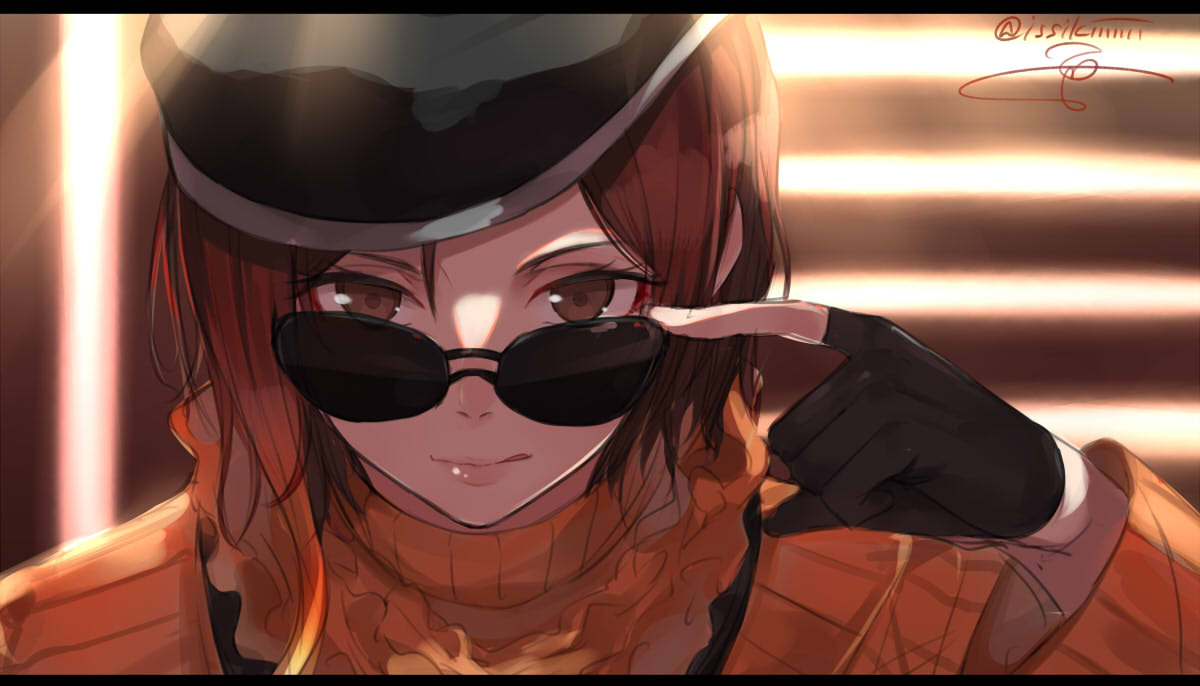 1girl, artist_name, beret, black_gloves, brown_eyes, brown_hair, coco_adel, eyewear_pull
