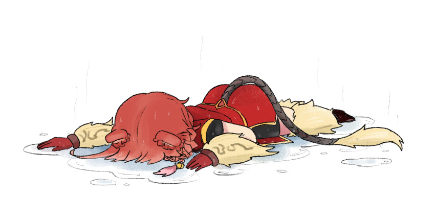 1girl, animal_ears, bell, bike_shorts, black_footwear, china_dress, chinese_clothes, commentary, dress, faceplant, fur, gloves, highres, hinezumi_(monster_girl_encyclopedia), jingle_bell, latenight, lying, monster_girl, monster_girl_encyclopedia, mouse_ears, mouse_tail, on_stomach, puddle, red_gloves, redhead, shoes, short_hair, solo, steam, tail, water, wet, wet_clothes, wet_hair