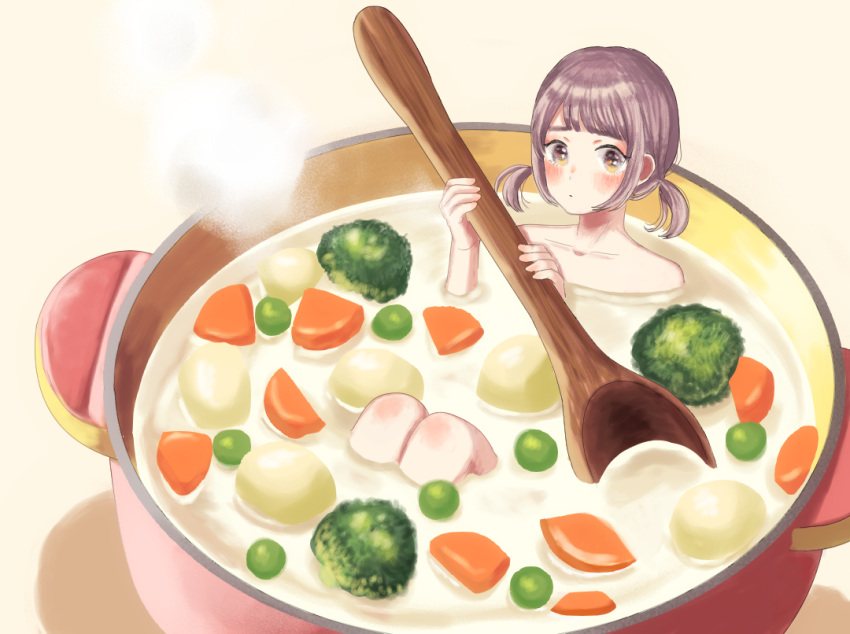 1girl, bangs, blush, broccoli, carrot, in_container, in_food, light_brown_hair