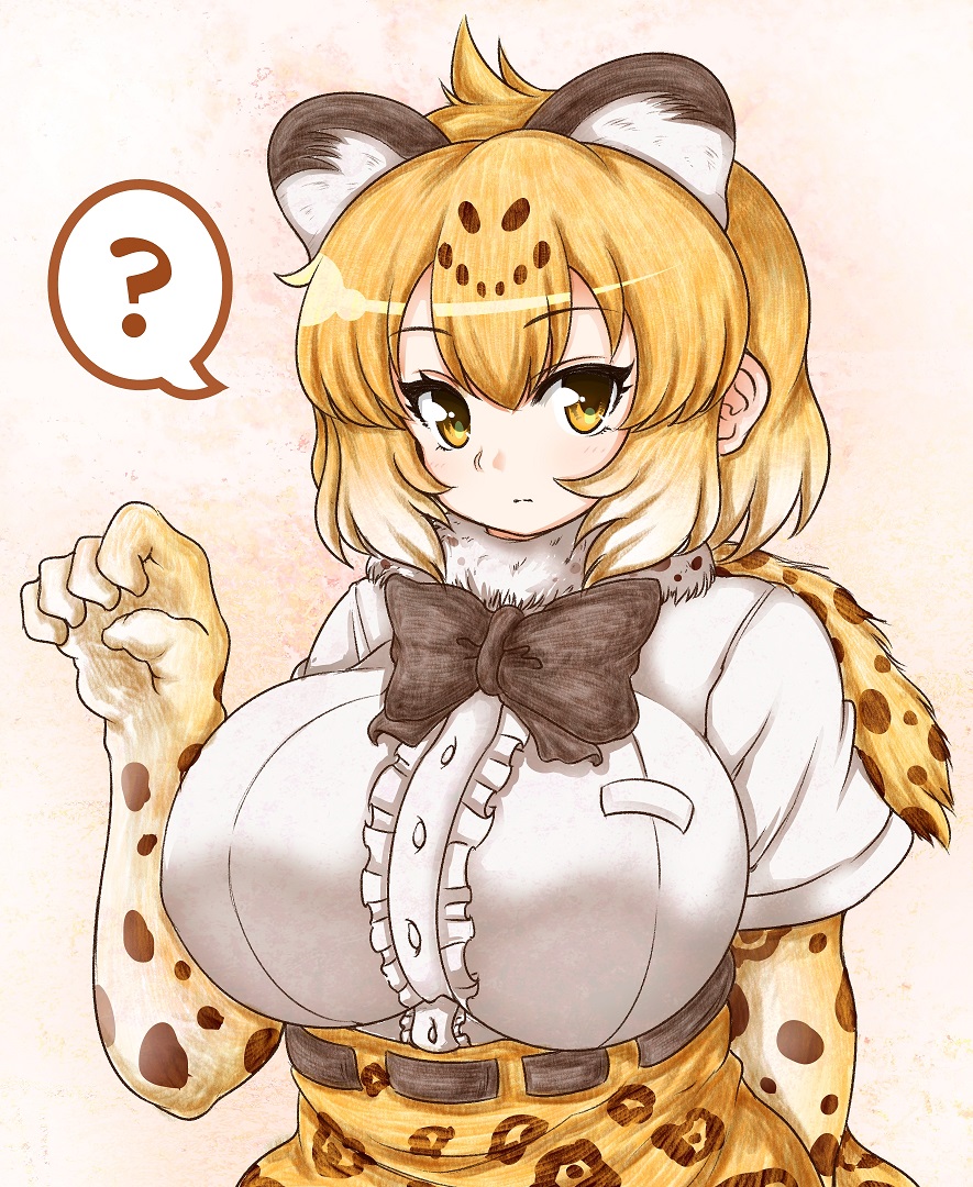 1girl, ?, animal_ears, arm_behind_back, blonde_hair, bow, bowtie, breasts, closed_mouth, elbow_gloves, expressionless, extra_ears, eyebrows_visible_through_hair, fur_collar, gloves, hair_between_eyes, hand_up, high-waist_skirt, huge_breasts, impossible_clothes, impossible_shirt, jaguar_(kemono_friends), jaguar_ears, jaguar_print, kemono_friends, looking_at_viewer, paw_pose, print_gloves, print_skirt, shirt, short_hair, short_sleeves, skirt, solo, spoken_question_mark, standing, upper_body, yellow_eyes, ziogon