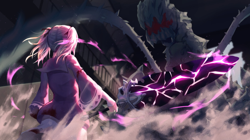 1girl, battle, blood, bloody_clothes, dress, dust_cloud, energy, from_behind, hair_ribbon, hangar, holding, holding_sword, holding_weapon, monster, motion_blur, nephren_ruq_insania, nzz, plant, railing, ribbon, shuumatsu_nani_shitemasu_ka?, sword, torn_clothes, twintails, vines, weapon, white_dress, white_hair, wide_sleeves