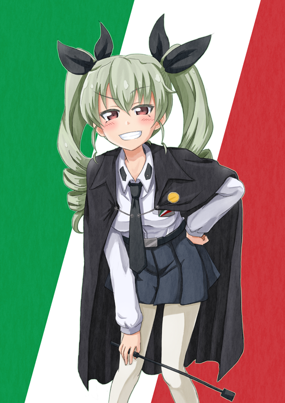 1girl, anchovy, anzio_school_uniform, bangs, belt, black_belt, black_cape, black_neckwear