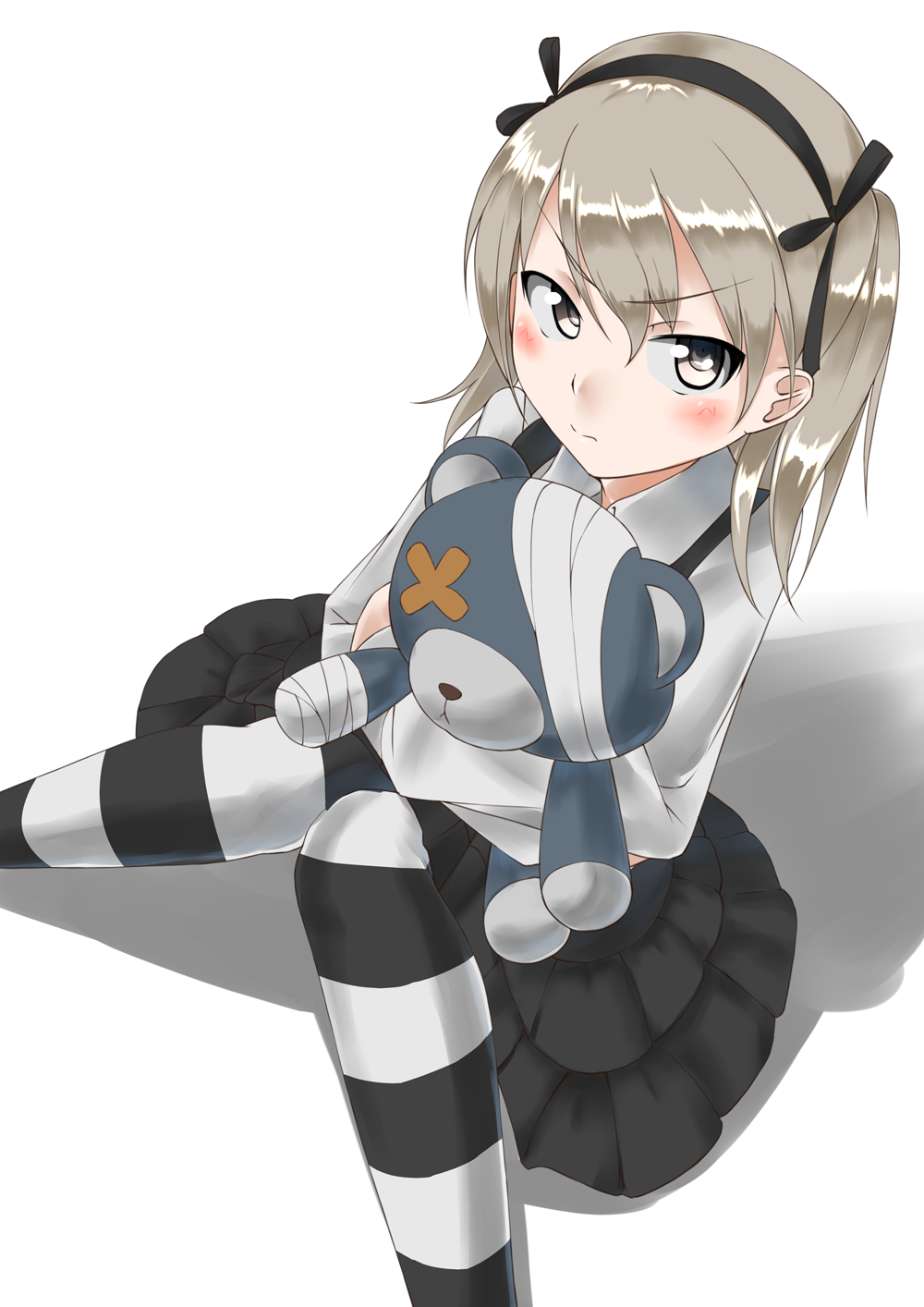 1girl, arai_kogane, bandage, bangs, black_ribbon, black_skirt, blush, boko_(girls_und_panzer)