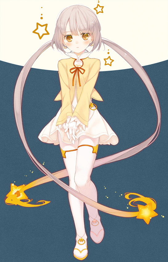 amamiya_chiharu, hair_ornament, long_hair, original, silver_hair, standing, standing_on_one_leg, star, star_hair_ornament, tagme, twintails, very_long_hair, yellow_eyes