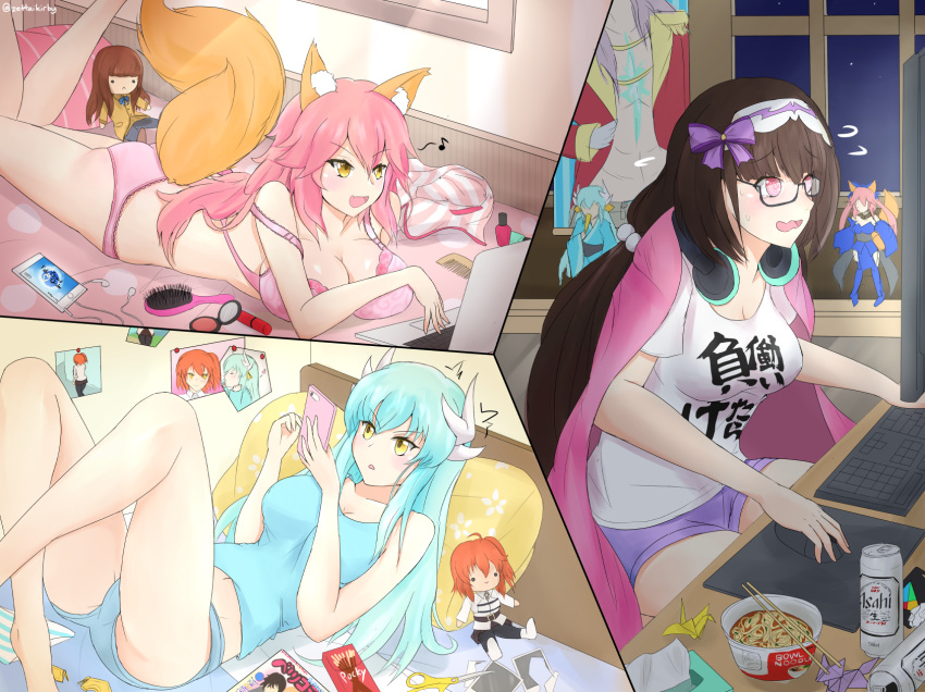 3girls, @_@, ahoge, animal_ears, aqua_hair, black_hair, bow, bowl