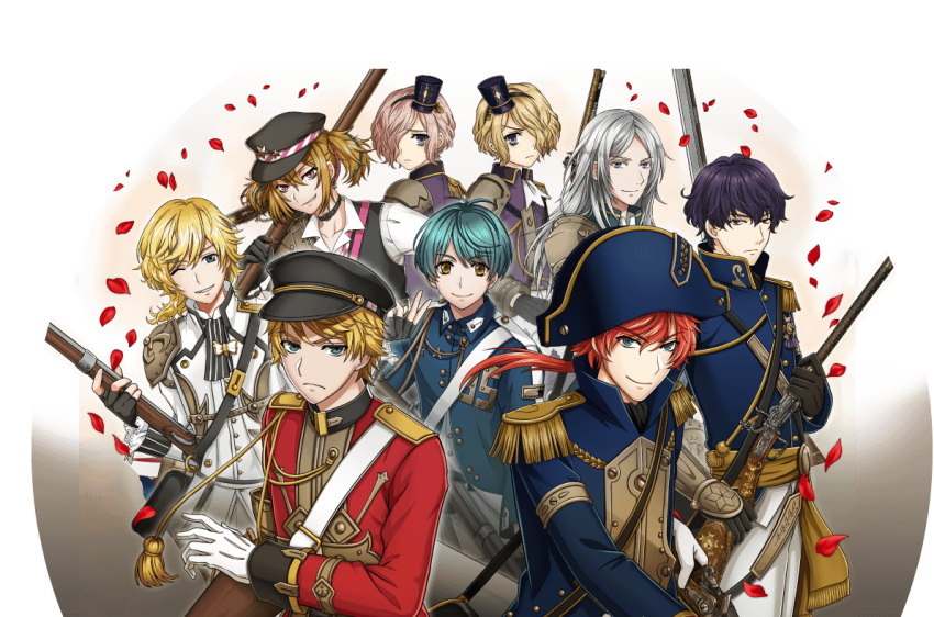 6+boys, aleksandr, antique_firearm, aqua_eyes, aqua_hair, armor, bangs, blonde_hair