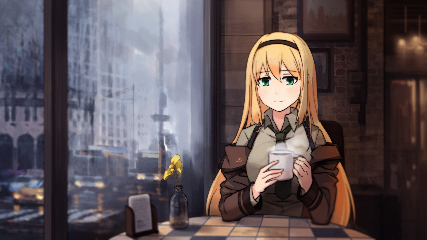 1girl, absurdres, blonde_hair, bus, commentary_request, cup, eyebrows_visible_through_hair, girls_frontline