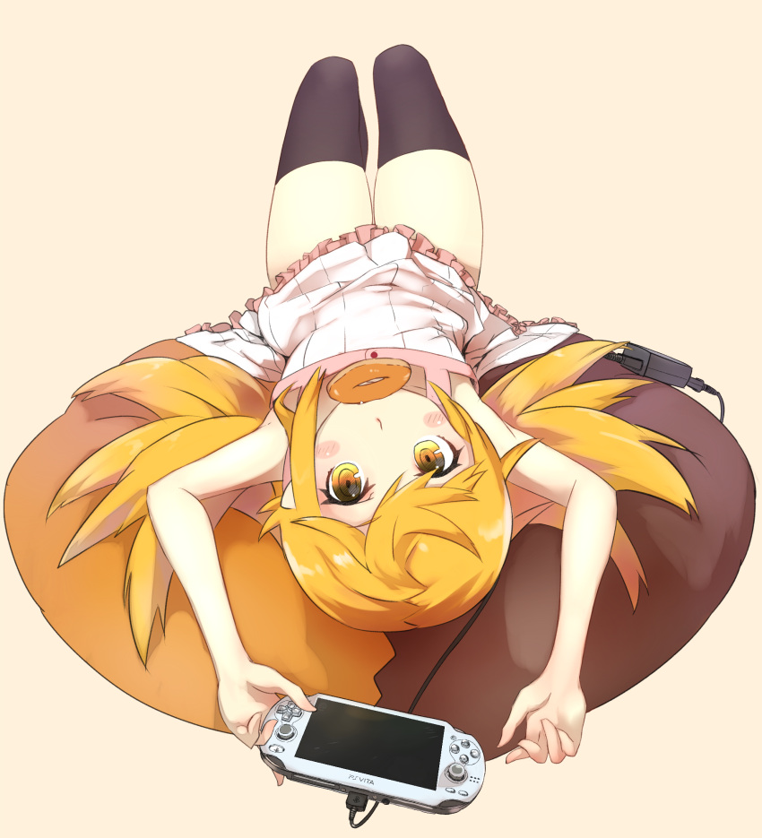 1girl, blonde_hair, blush, doughnut, dress, food, handheld_game_console, highres