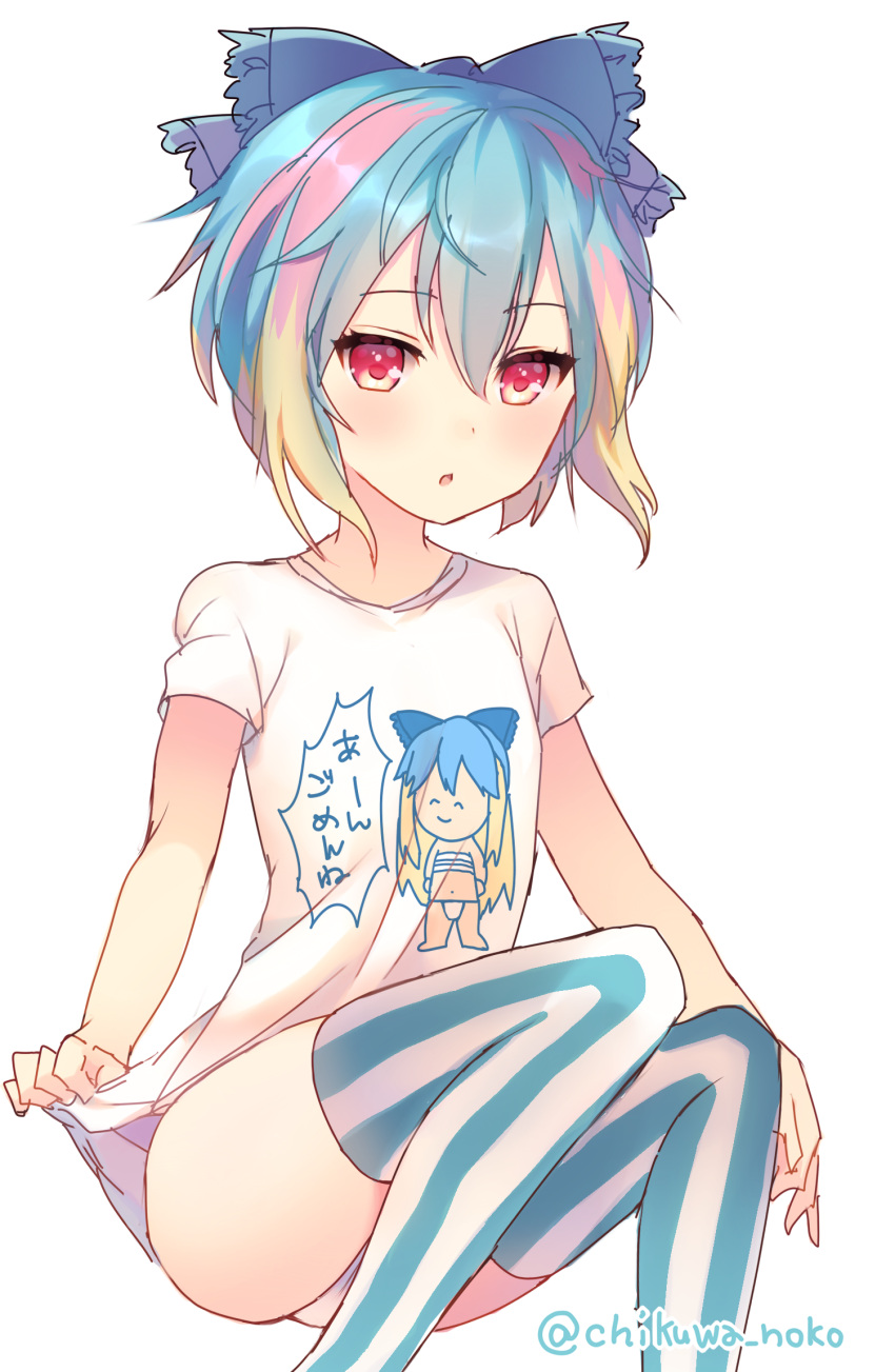 1girl, :o, bangs, blue_bow, blue_hair, bow, clothes_writing, eyebrows_visible_through_hair