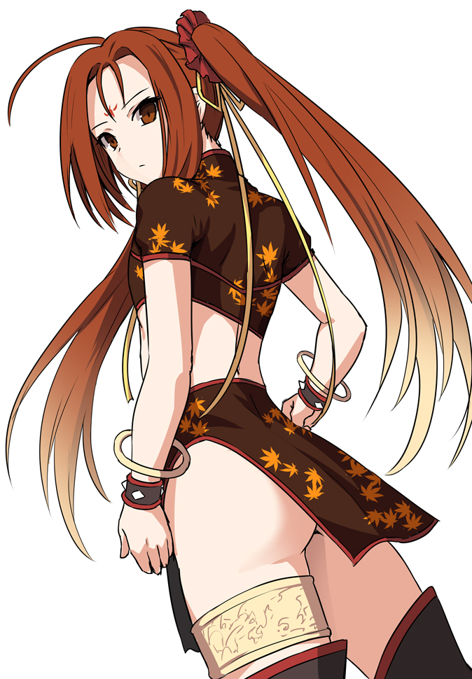 1girl, ass, back, boots, bracelet, fate/grand_order, fate_(series), jewelry, long_hair, looking_at_viewer, midriff, nezha_(fate), orange_eyes, orange_hair, shiseki_hirame, simple_background, solo, thigh-highs, thigh_boots, white_background