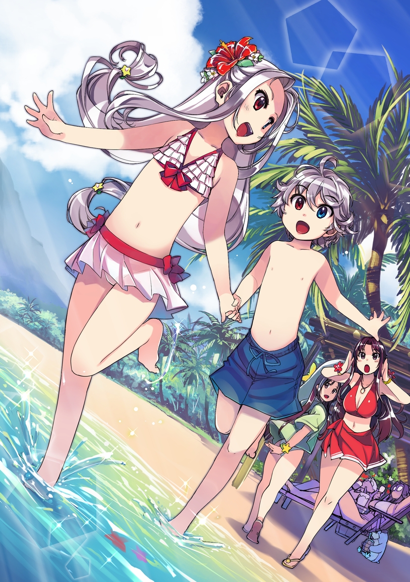2boys, 4girls, beach, bikini, blue_eyes, blue_sky, breasts, child