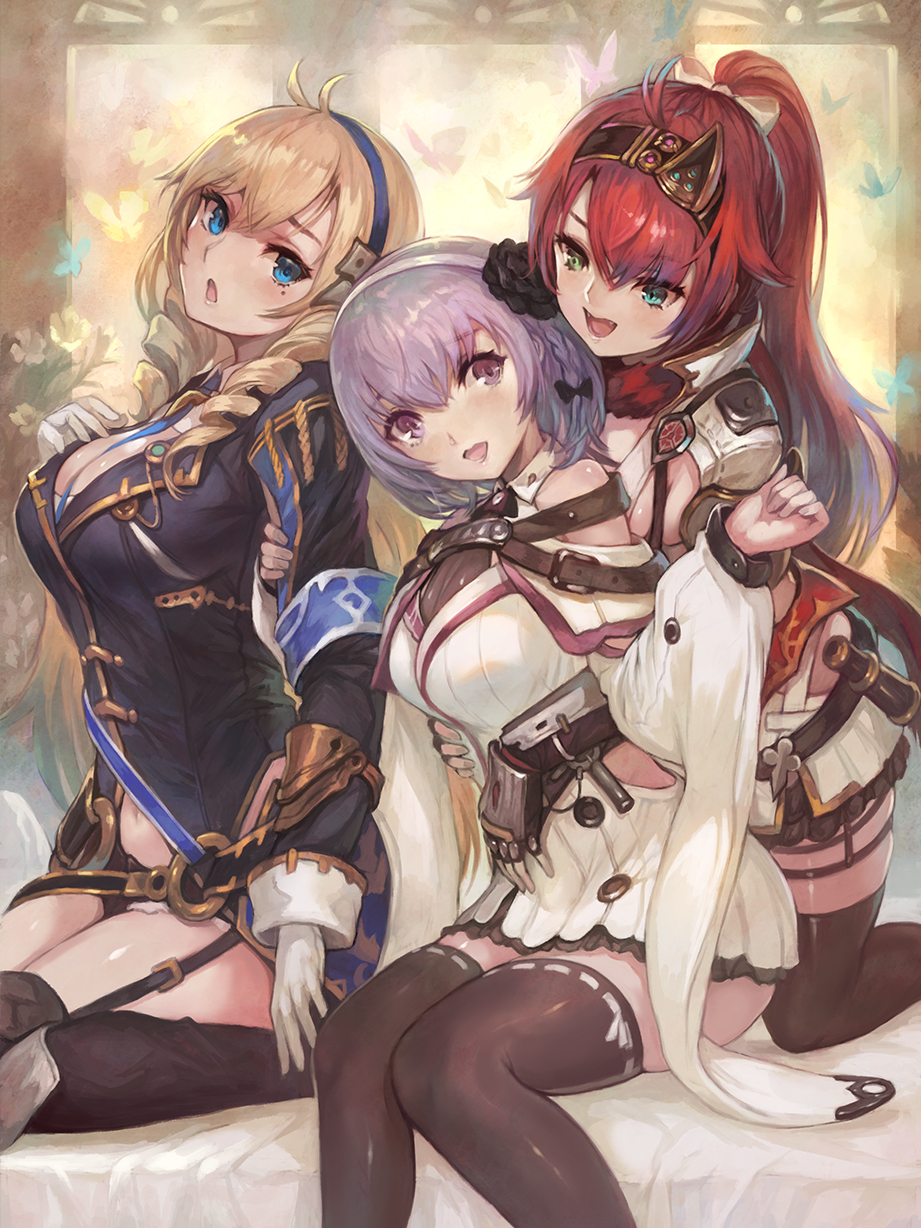 3girls, alushe_anatolia, between_breasts, blonde_hair, blue_eyes, blush, breasts, cleavage, drill_hair, green_eyes, hairband, heterochromia, highres, hug, hug_from_behind, kneeling, large_breasts, liliana_sailfin, long_hair, long_sleeves, looking_at_another, looking_at_viewer, louenhide_ariarhod, multiple_girls, official_art, open_mouth, ponytail, purple_hair, redhead, short_hair, sitting, smile, violet_eyes, yoru_no_nai_kuni_2, yoshiku_(oden-usagi)