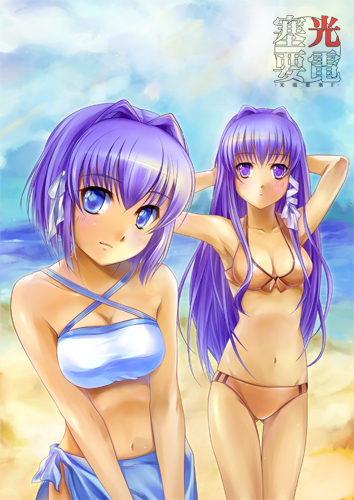 beach, bikini, bla_(artist), blue_eyes, breasts, clannad, cleavage, fujibayashi_kyou