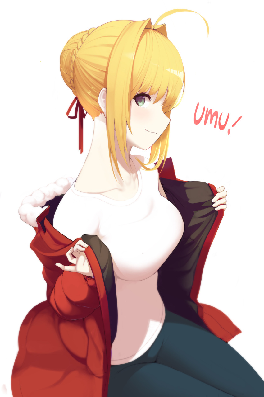 1girl, absurdres, ahoge, amejaga, blonde_hair, braid, breasts, casual